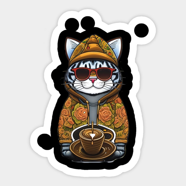 Cute Cat in Sunglasses and Hat with Coffee: Funny Coffee Lover Design Sticker by ImaginativeInkPOD